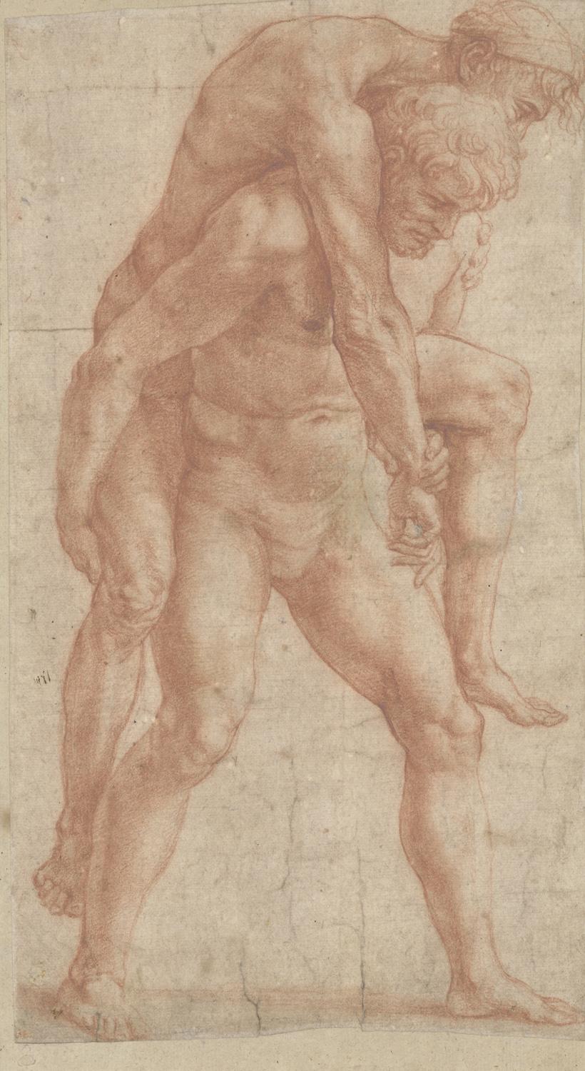 Raffael: Junger Mann, einen Alten auf dem Rücken tragend (Aeneas und Anchises) (Studie für den "Borgobrand", Stanza dell' Incendio, Vatikan), um 1514