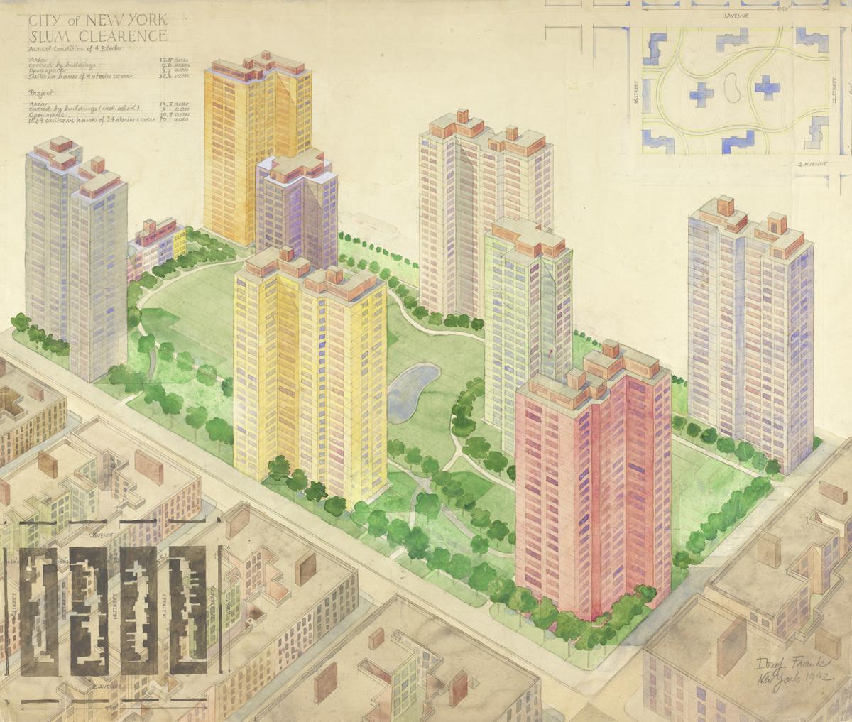 Josef Frank: New York, Slum Clearance, Vogelperspektive und Lageplan, 1942
