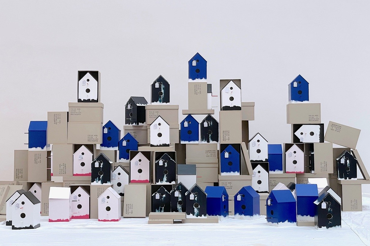 Several birdhouses in different designs lined up next to and above each other, with cardboard packaging in between © Claudia Märzendorfer | For the birds, 2025