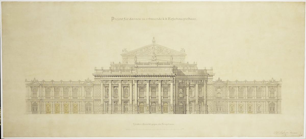 Gottfried Semper and Carl von Hasenauer: Orthogonal elevation of the new Hofburgtheater, 1873