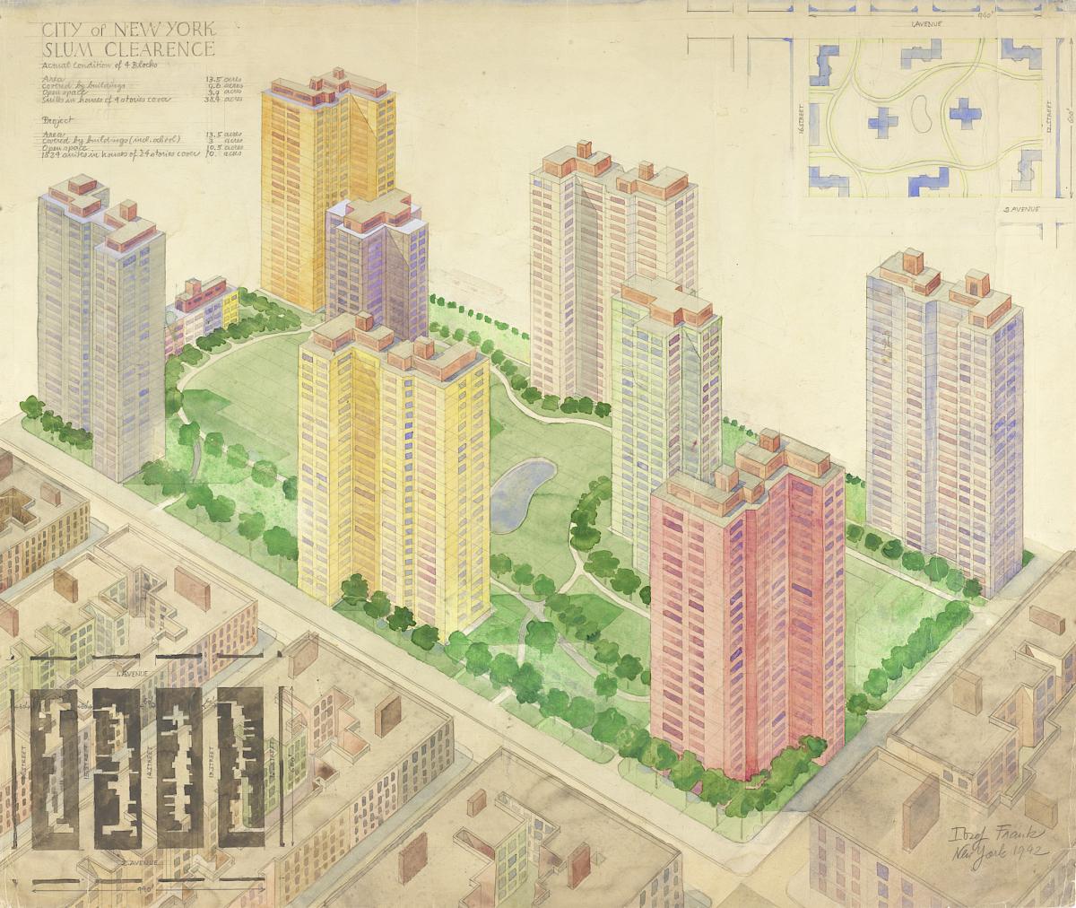 Josef Frank: Bird’s-eye view and area plan for the Slum Clearance Project in New York Manhattan, New York, 1942