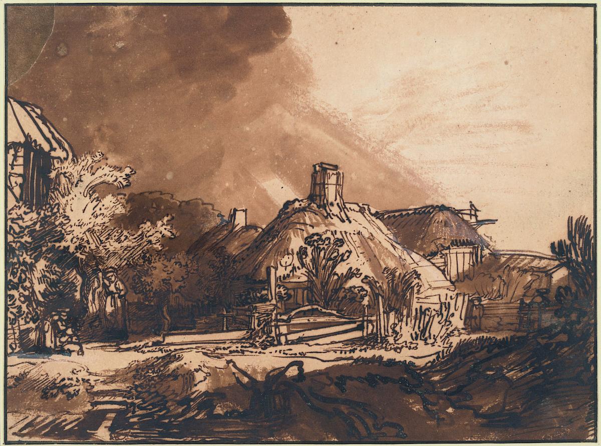Rembrandt Harmensz. van Rijn: Cottages under a stormy sky, ca. 1635