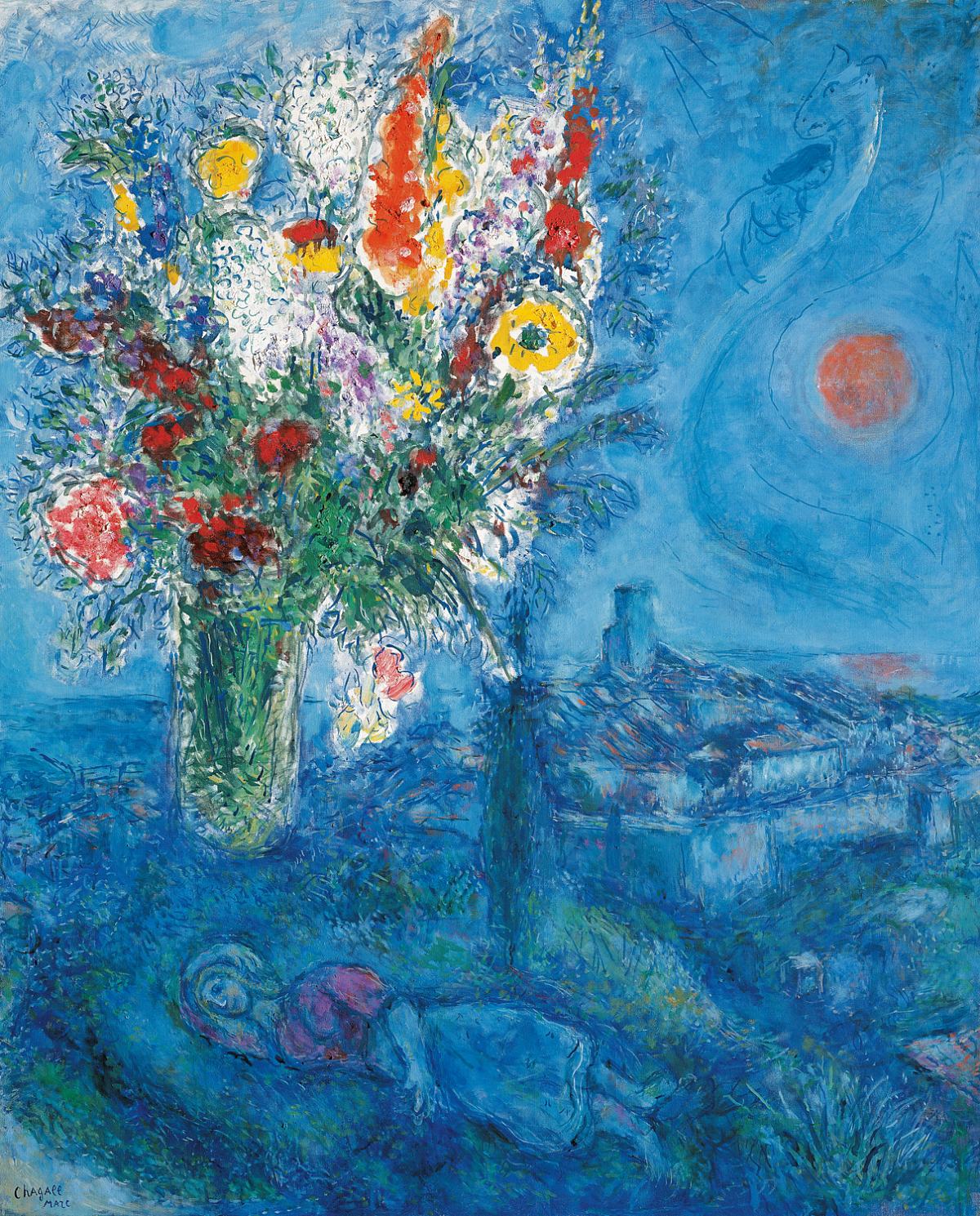 Marc Chagall: Schläferin mit Blumen, 146 x 118 cm Öl auf Leinwand (The ALBERTINA Museum, Vienna – The Batliner Collection)