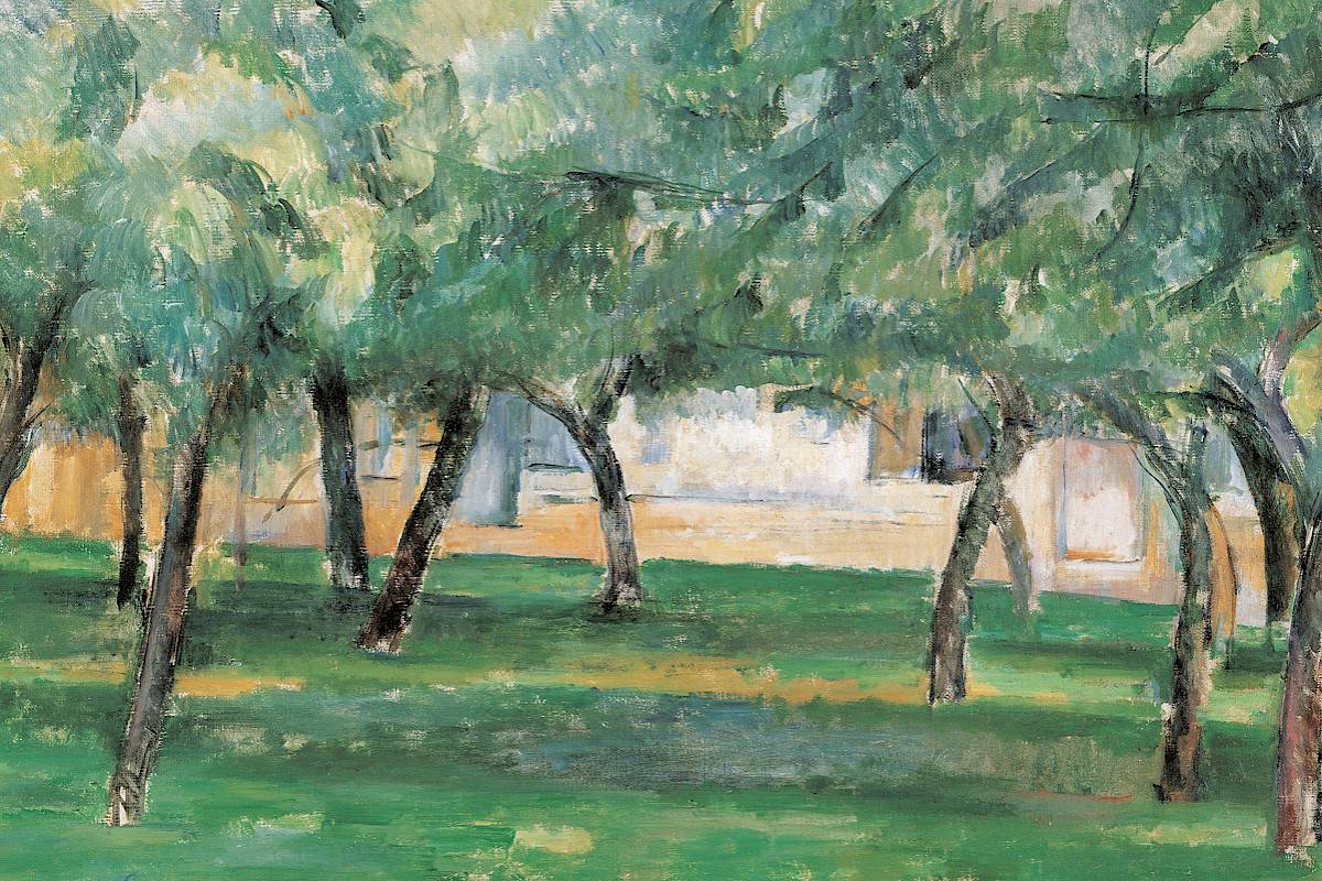 Landscape painting with farmhouse, in the front trees in muted green and brown tones | Credit: Paul Cézanne | Farm in Normandy, 1885/6 | © The Albertina Museum, Vienna. The Batliner Collection