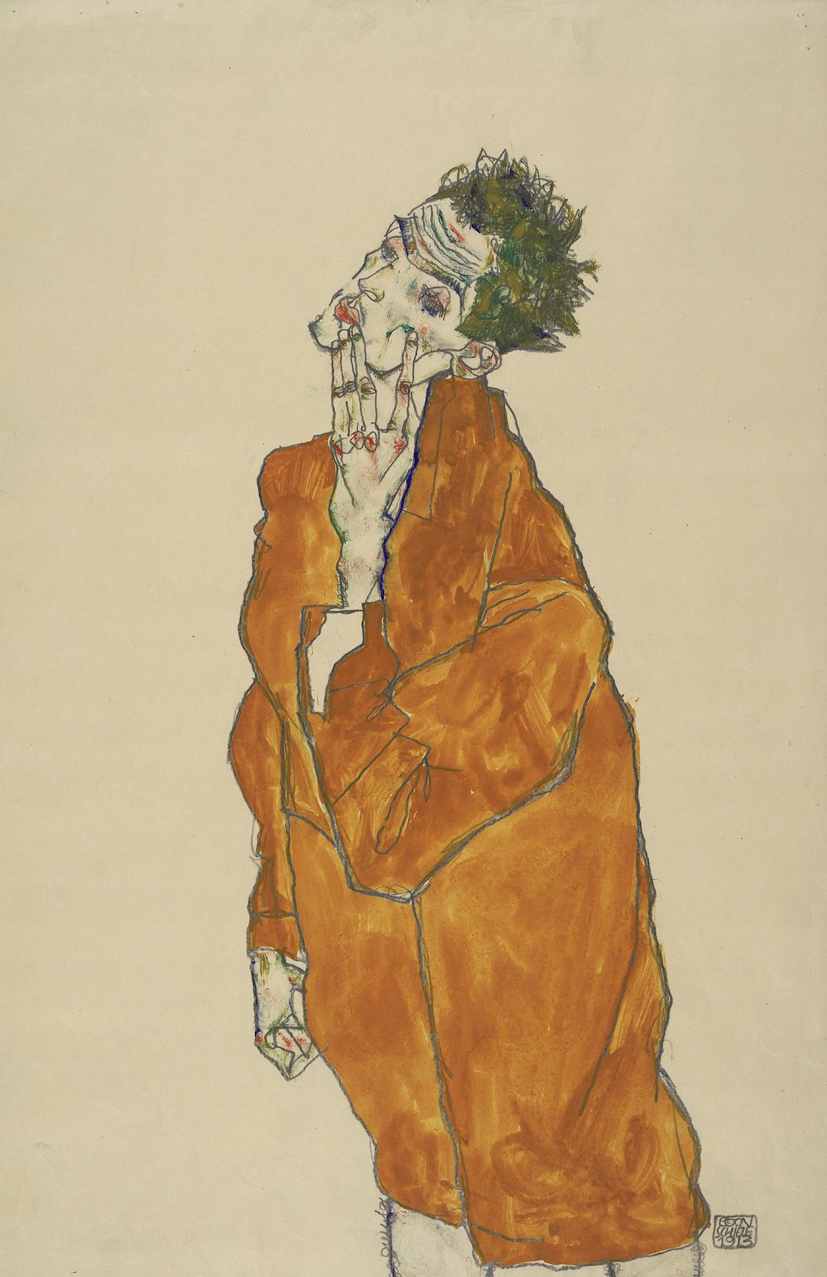Egon Schiele: Self-portrait in orange cloak, 1913