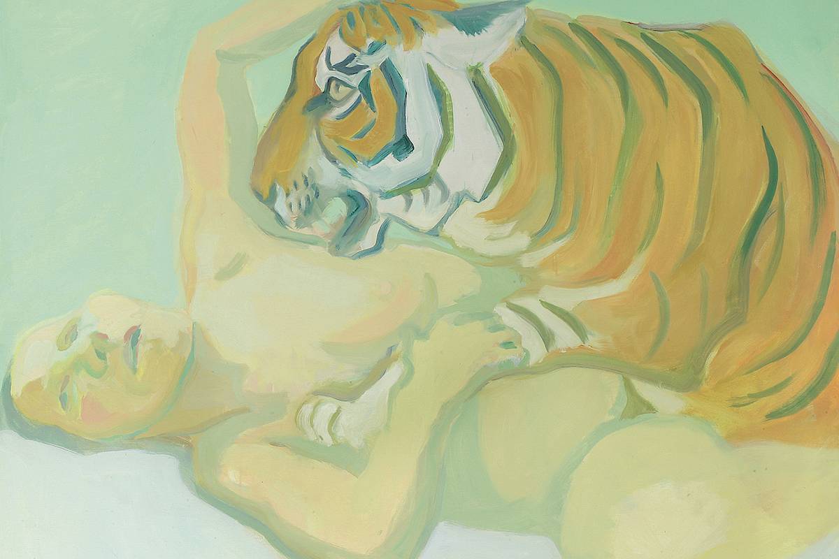Maria Lassnig | Sleeping with a tiger, 1975 | The Albertina Museum, Vienna – Permanent loan from the Österreichische Nationalbank © Maria Lassnig Foundation
