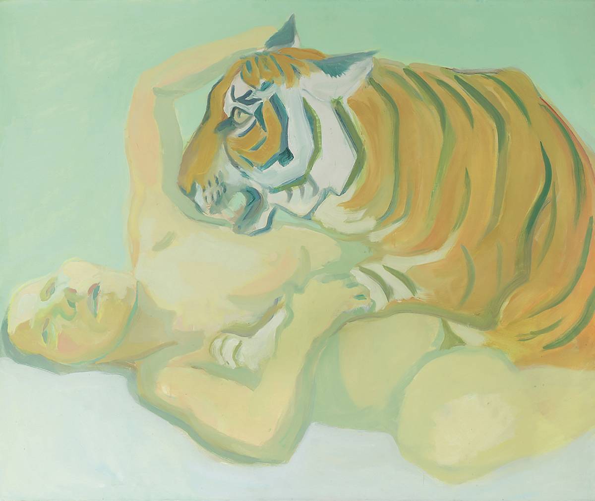 Maria Lassnig: Sleeping with a tiger (Mit einem Tiger schlafen), 1975
