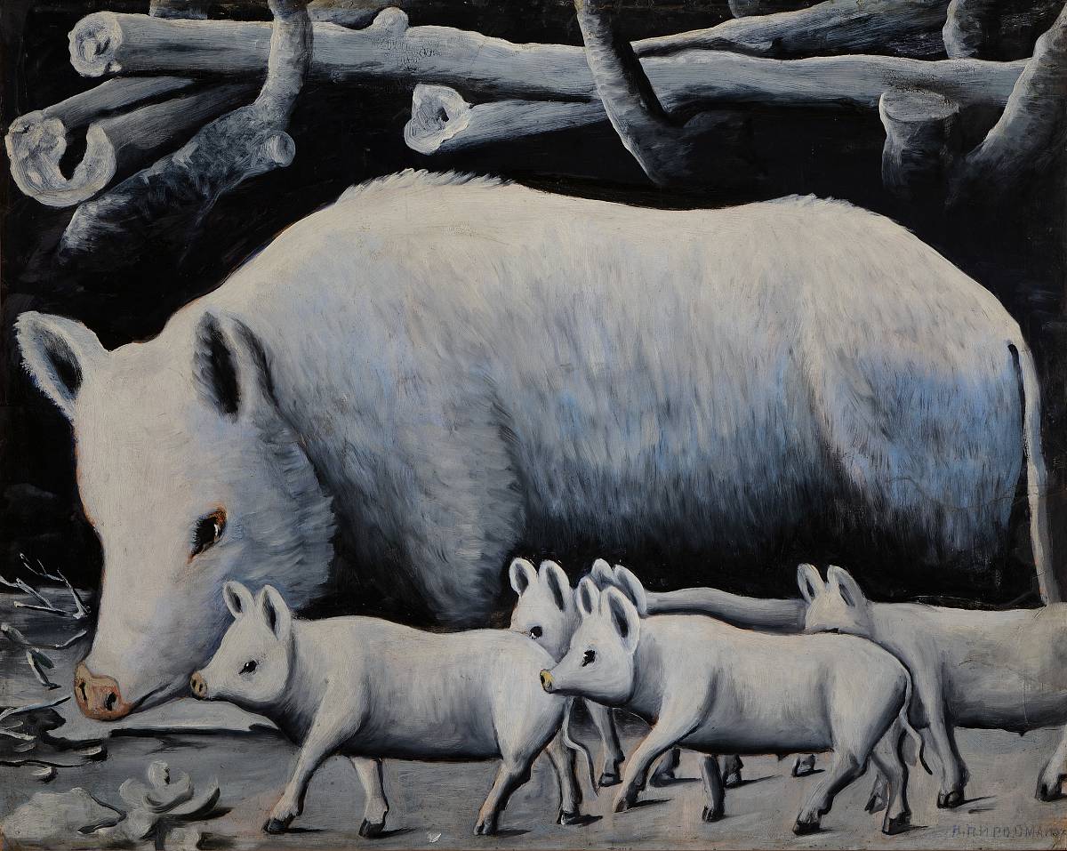 Niko Pirosmani: White Sow with Piglets, 